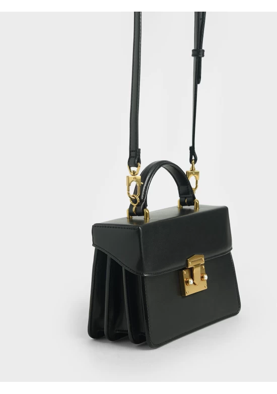 Charles Keith Two Tone Metallic Push Lock Handbag Black